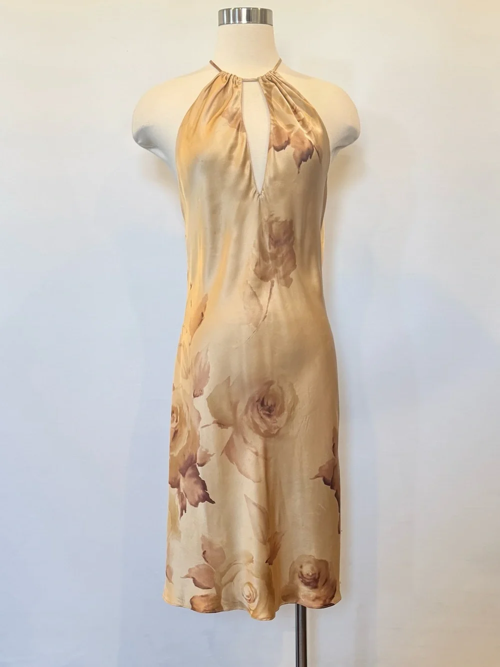🌺SOLD🌺 Victoria’s Secret 100% Silk Gold Floral Vintage Midi Halter Slip Dress M - Picture 5 of 9